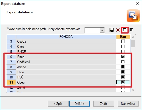 V Exportu agendy Pohody je teba zaškrtnout pouze poloky Firma, Jméno, Ulice, PS a Obec
